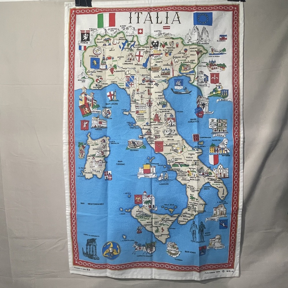 Vintage Italy Map Souvenir Tea Towel 100% Cotton Wall Hanging Large 34" x 21.5"